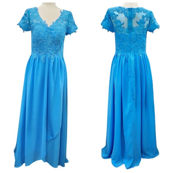 Elegant Blue Chiffon Lace Detail Maxi Bridesmaid or Wedding‎ Guest Dress Size 10 - Picture 1 of 12